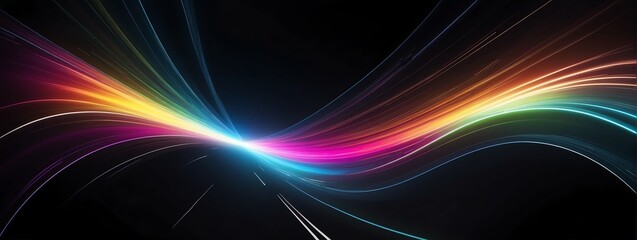 Poster - Wide angle panoramic view of a colorful speed of light curved motion path concept rays on plain black background from Generative AI
