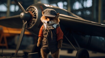 Sticker - A fox dressed up as a pilot standing in front of an airplane. Generative AI.