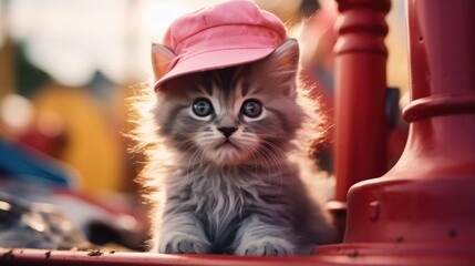 Canvas Print - A kitten wearing a pink hat sitting on top of a red post. Generative AI.