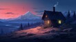 an image of a solitary mountain cabin illuminated by the soft glow of a lantern