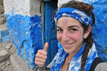 Wall Mural - a woman with a blue scarf and a thumbs up. generative ai.