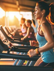 Poster - A woman running on a treadmill in a gym. Generative AI.