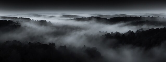 Wall Mural - Panoramic view of a dark abstract fog mist on plain black background from Generative AI