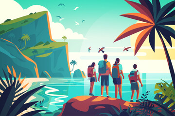 Wall Mural - tourists standing on beach and enjoying sea scenic panorama with landscape island summer vacation time to travel concept