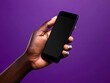 © Scrudje - Hand Holding Smartphone with Blank Screen on Purple Background. Generative ai