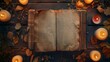 Open ancient old book with empty pages and leaves and candles