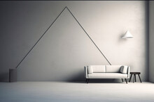 white couch sits in a living room with a large triangle painted on the wall above