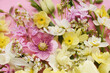 Blossoming white and light yellow daffodils, pink hyacinths and spring flowers festive background, bright springtime bouquet floral card, selective focus, shallow DOF	