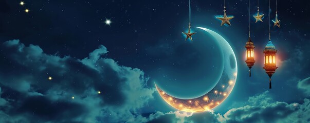 Wall Mural - Greeting card background, eid mubarak glowing crescent moon with hanging lantern, ramadan kareem