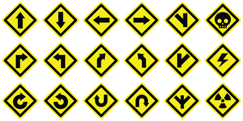 Wall Mural - set curve u turn right left forward back yellow degree loop split road danger electric warning sign. exclamation, hazard sign symbol logo design for web mobile isolated white background illustration.
