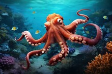 Octopus Underwater Reef. Marine Wild. Generate Ai