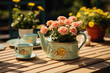 A lovable mini disposable watering can with a flower motif on a garden table