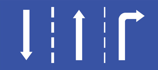 Wall Mural - Set highway blue traffic sign three line road two straight and turn right opposite direction white arrow. Mandatory information route coution symbol collection for web mobile isolated white background
