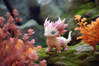 Whimsical 3D-printed fantasy creature toy, surrounded by miniature trees and rocks in a charming play environment