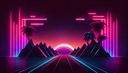 Wall Mural - Neon corridor, geometric background. AI generated.