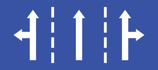 Wall Mural - Set highway blue traffic sign three line road straight direction right or left turn primited arrow. Mandatory information route coution symbol collection for web mobile isolated white background