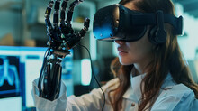 Student Engineer Wearing Apple Vision Pro Virtual Reality Headset and Controlling Bionic Limb While Actions Displayed on Screen. Modern Equipment and Computer Science Education in University Concept. 