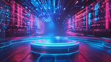 Fototapeta Do przedpokoju - 3d neon blue product stage or podium in Sci-fi futuristic gaming environment. For tech product photography generated by ai