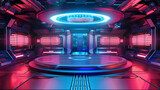 Fototapeta Fototapety przestrzenne i panoramiczne - 3d neon blue product stage or podium in Sci-fi futuristic gaming environment. For tech product photography generated by ai