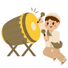 Wall Mural - Happy Muslim Boy Hitting Bedug Drum Illustration