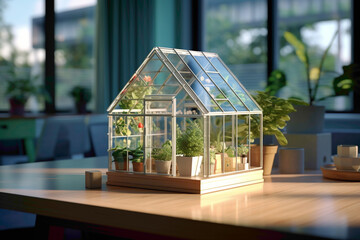 Poster - A 3D render of a small, eco-friendly greenhouse model placed on a sleek table within a real estate agency. 