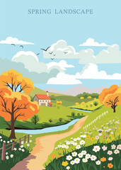 Wall Mural - spring landscape background with mountain and tree editable vector illustration for postcard,a4 vert