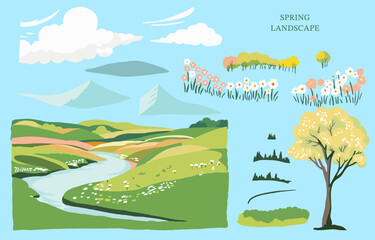 Wall Mural - spring landscape element set with mountain and tree editable vector illustration for graphic dedsign