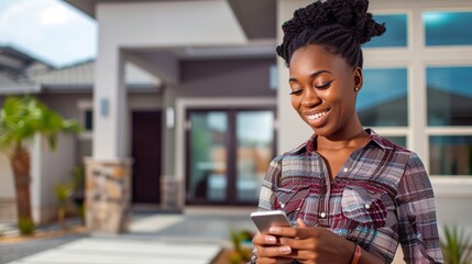 Smiling woman looking at her smartphone. Standing in front of a house