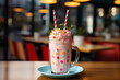 An endearing paper straw with a polka dot pattern in a colorful smoothie on a cafe table