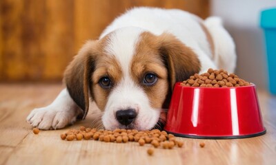 Cute puppy dog is laying next to a bowl of food