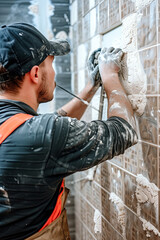 A man installing a tile wall