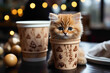 An adorable paper cup with a cute kitten print, filled with hot cocoa on a winter table