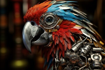 Wall Mural - Steelpunk metallic parrot. Art nature. Generate Ai