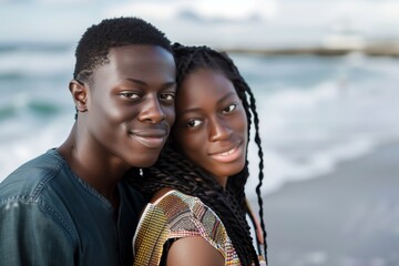 Wall Mural - Happy young black couple posing at the beach