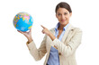 © peopleimages.com - Portrait, business and woman with a globe, pointing and employee isolated on white studio background. Face, person and consultant with smile or earth with teacher and geography with education or map