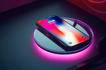 Poster - A high-angle view of a stylish smartphone placed on a modern wireless charger on a glass surface.