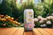 A beverage can label mockup in a refreshing outdoor setting.