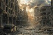 Fantasy illustration of a post-apocalyptic cityscape Showing the aftermath of a catastrophic event With deserted buildings and a sense of desolation