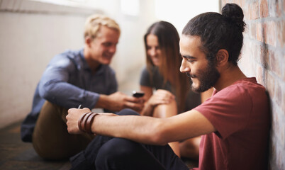 Poster - Technology, typing and students in a hallway, university and connection with social media and lunch break. Group, outdoor and friends in a lobby and smartphone and mobile user with meme and contact