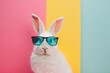 Modern minimalist artwork featuring a stylish white rabbit with sunglasses Set against a contemporary colorful backdrop Embodying summer vibes and coolness