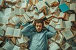 © Jelena - Overwhelmed man surrounded by books and papers Concept of stress Time management And information overload