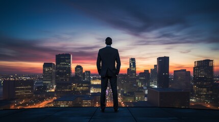 Fototapete - City lights at dusk with a poised businessman, overlooking the skyline, vibrant sunset colors, confident and determined stanc Generative AI