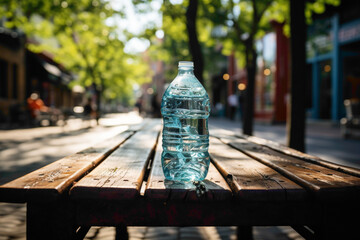 Poster - A discarded plastic water bottle with a crushed shape on a street bench