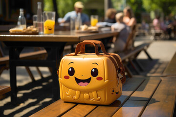 Sticker - A delightful disposable lunchbox with a cheerful emoji design on a picnic table