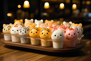 Wall Mural - A charming disposable cupcake stand with adorable animal characters on a dessert buffet