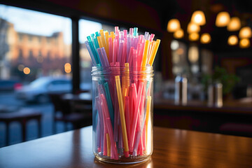 Wall Mural - A dispenser of everyday disposable plastic straws on a cafe counter