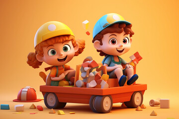 Poster - Playful 3D-rendered cartoon characters of kids engaged in creative activities, with ample copy space for text or branding