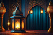 Vector ramadan kareem celebration lamp lantern silk drape curtain realistic 3d illustration. Arabic islam culture festival decoration religious fanoos glowing background Traditional muslim poster card