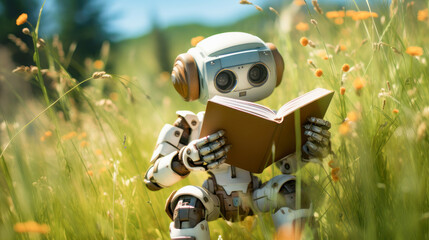 The concept of education a robot in a meadow reading a book