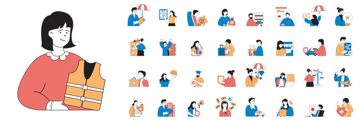 Poster - Insurance concept with character situations mega set in flat web design. Bundle of scenes people protecting money, car, house, health and use other insurance safety programs. Vector illustrations.